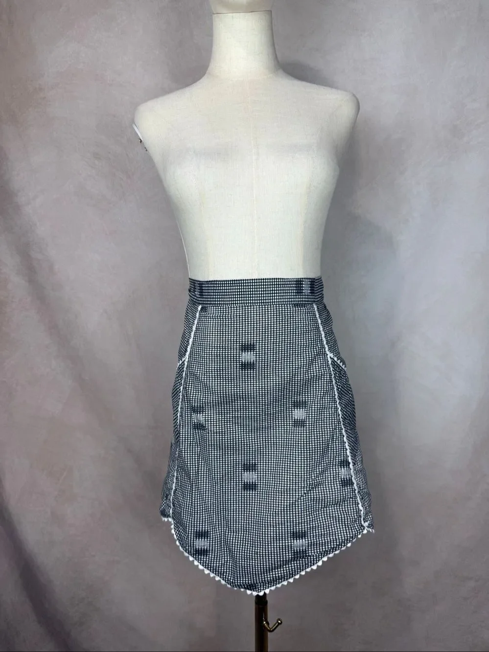 Vintage 1950s Black Gingham Half Apron Embroidered Kitschy Kitchen